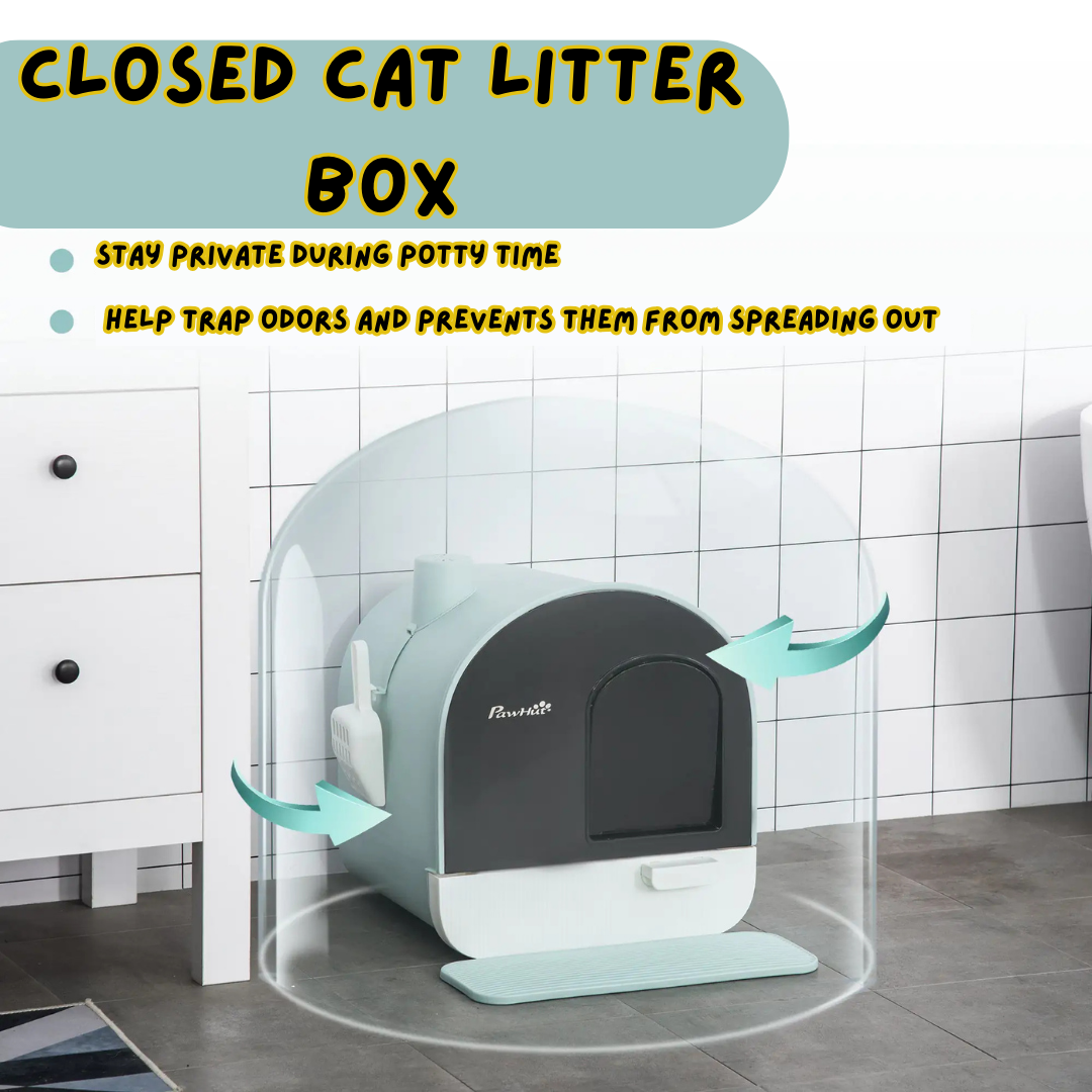 Paw Hut - Cat Litter Box With Lid, Indoor Cat With Tray, Spoon, Strainer